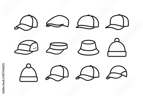 Caps Icon Set. Caps and headwear. Line icon set of Caps and headwear: baseball cap, newsboy cap, flat cap, snapback, five-panel cap, visor hat, bucket hat,