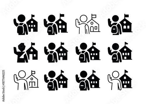 Last Day Farewell Icons. Waving goodbye on the last day of school. Icon set. Set Logo of waving goodbye on the last day of school: classroom farewell icon.