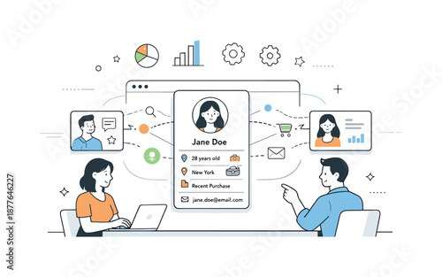 Customer Data Dashboard. Customer data platform overview. Marketers viewing unified customer profiles on a central dashboard. Clarity and integration, profile