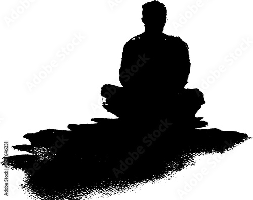 Silhouette of person meditating with crossed legs in calm posture on white background