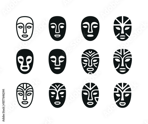 Tribal Mask Logo Set. Cultural heritage tours and indigenous experiences. Icon set. Set Logo of cultural heritage tours and indigenous experiences: tribal mask