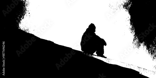 Silhouette of a seated figure on a hillside in black and white contrast