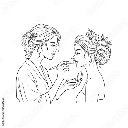 Professional makeup artist applying cosmetics to beautiful woman face, vector line art illustration. Stylist using brush in beauty salon, side profile sketch for spa logo or branding.
