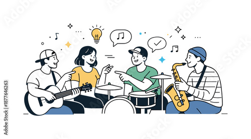 Musical Collaboration Illustration. Music jam session collaboration. Musicians exchanging musical ideas through gestures and eye contact. Connection, teamwork