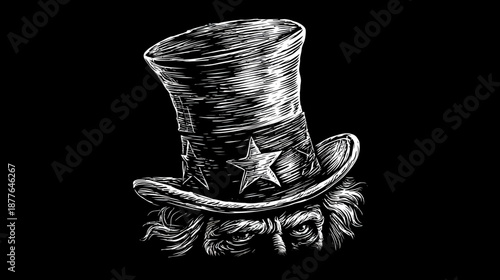 A stark, grayscale illustration of a figure with top hat adorned with stars, face visible