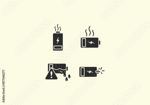 Vector Flat Concept Four black glyph icons illustrating damaged, overheating, leaking, and exploding battery malfunctions.