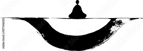 Meditative figure in minimalist black ink artwork on curved pathway