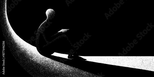 Silhouetted figure reading in contrast black and white art scene