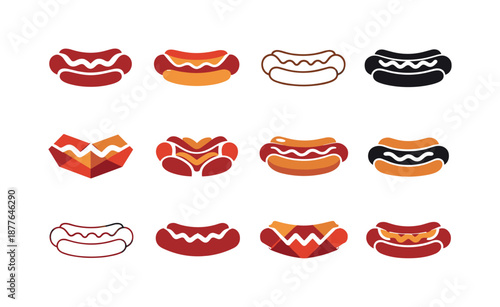 Hotdog Icon Variations. street food. Icon set. Set Logo of street food: hotdog emblem. harmonious logo variations of the same emblematic concept, each with