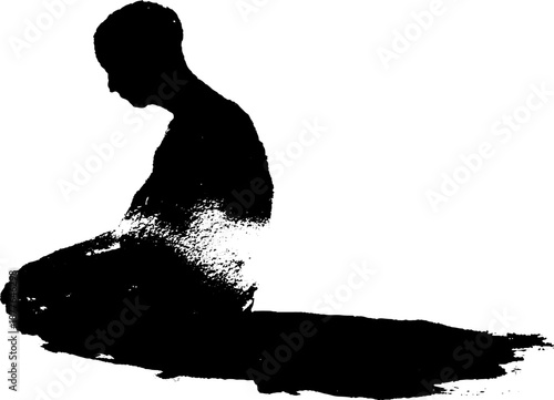 Silhouette of a young male meditating in black ink brush style