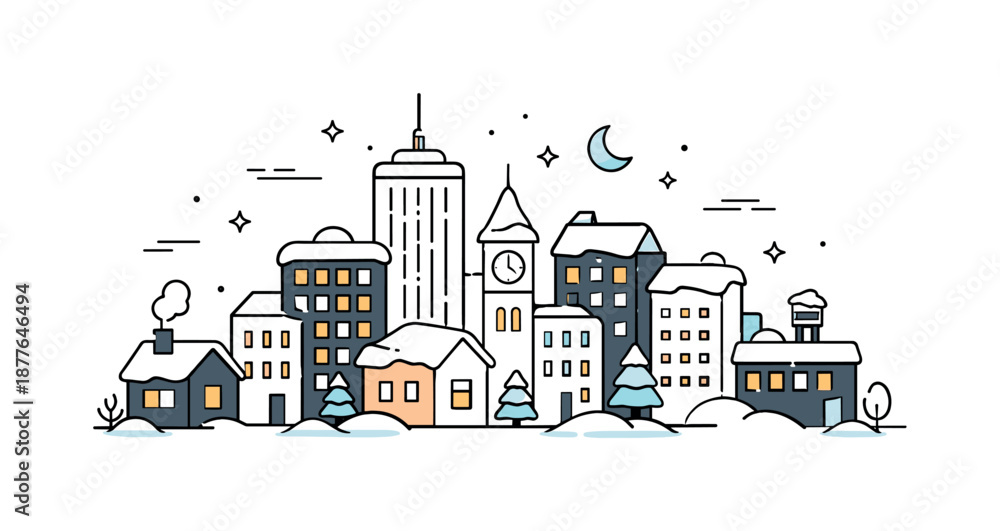 Naklejka premium Snowy Cityscape Tranquility. Snowy City Architecture. A minimal skyline of city buildings with snow-covered roofs and windows glowing softly. The scene feels