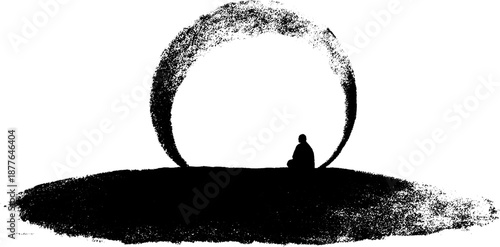 Silhouette of person in meditative pose within circle on textured landscape