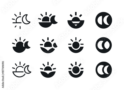 Cross-Timezone Logos. Cross-timezone collaboration. Icon set. Set Logo of Cross-timezone collaboration: sunrise and moon dual icon. harmonious logo variations