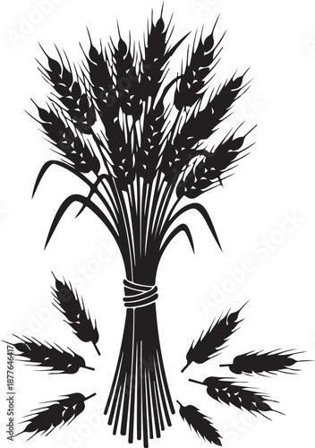 Bouquet of wheat tied with string in black silhouette
