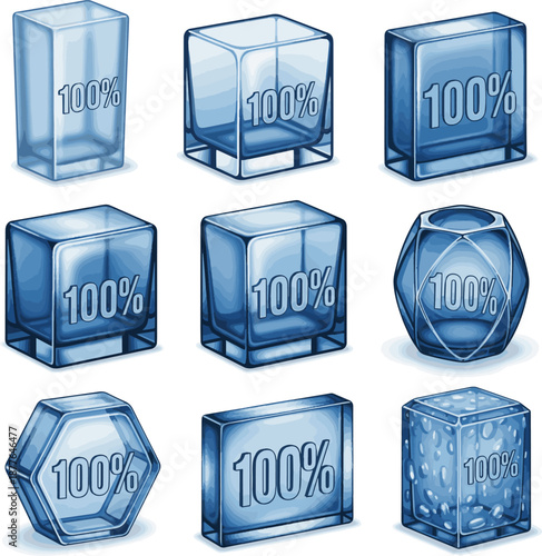 Create a kinds of deferent Blue Glass one hundred percent Hundred 100% concept. 3d rendering vector art with white background..