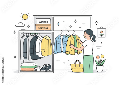 Spring Wardrobe Transition. February minimal pattern. Repeating simple shapes and dots arranged loosely with generous spacing. A clean modern background