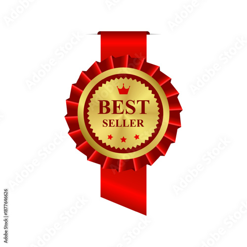 Gold medal, icon, label. Round shiny smooth metal emblem Best Seller. Award with crown, stars, ribbon. Isolated on white background EPS10 Vector illustration