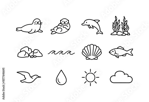 Coastal Marine Mammal Icons. Coastal marine mammals. Line icon set of Coastal marine mammals: harbor seal, sea otter, coastal dolphin, kelp forest, rocky