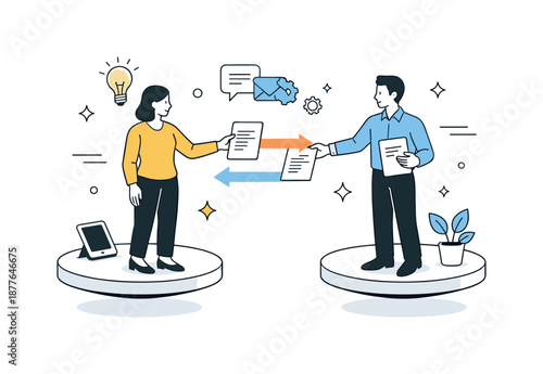 Abstract Collaboration Exchange. Abstract collaboration concept. Characters exchanging documents and ideas while standing on floating platforms. Sense of