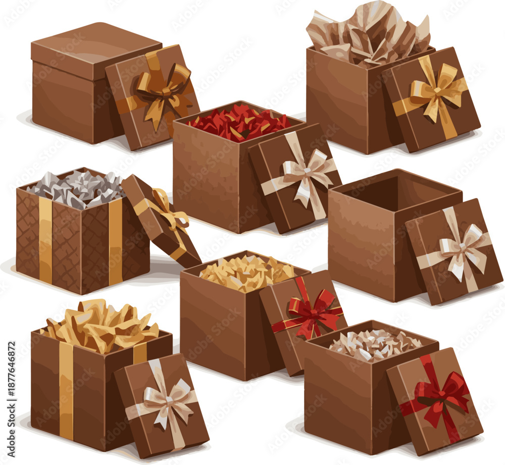 Fototapeta premium Create a kinds of deferent brown gift box - Opened box - 3d rendering mock up. vector art with white background..