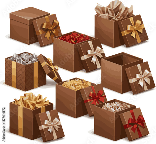 Create a kinds of deferent brown gift box - Opened box - 3d rendering mock up. vector art with white background..