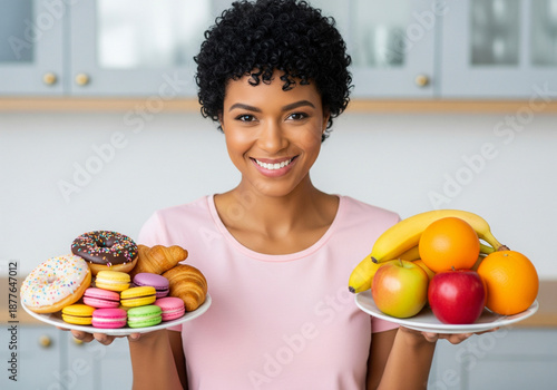 Woman Choosing Between Sweets And Fruits