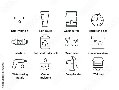 Water Conservation Icons. Eco farming. Line icon set of water conservation tools: drip irrigation line, rain gauge, water barrel, irrigation timer, hose