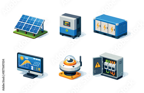 Colorful Solar Station Icons. Solar Power Station. Isometric flat vector icons set of Solar Power Station: ground solar array, inverter device, battery storage