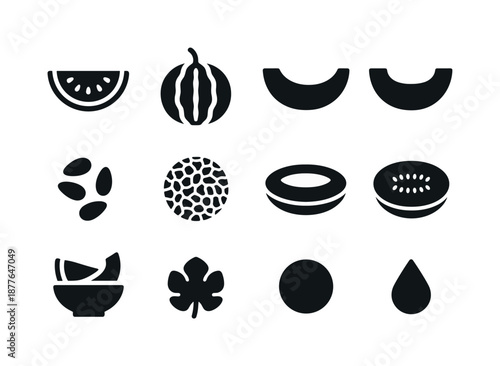 Melon Icon Collection. Melons. Solid icon set of melons: watermelon slice, whole watermelon, cantaloupe wedge, honeydew slice, melon seed cluster, rind