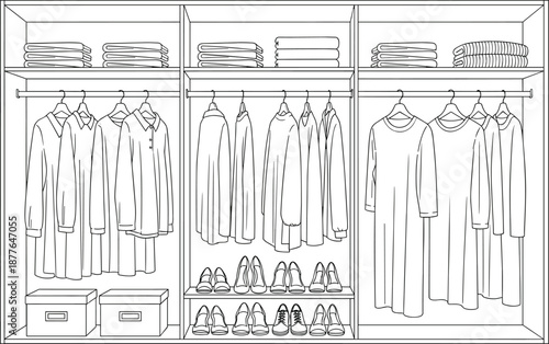 Black silhouette illustration of organized wardrobe with hanging clothes, shelves, shoes, and storage boxes for interior design, lifestyle, organization, and home decor themes.
