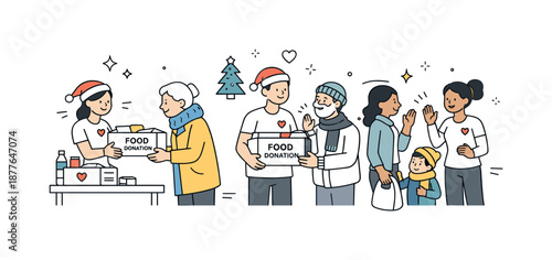Holiday Volunteer Spirit. Volunteering during holidays community support. Volunteers distributing food packages and greeting people kindly. Care, generosity,