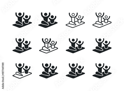 Group Fitness Icons. Group fitness. Icon set. Set Logo of group fitness: workout mat circle. harmonious logo variations: Flat solid, Iconic shape, Minimal