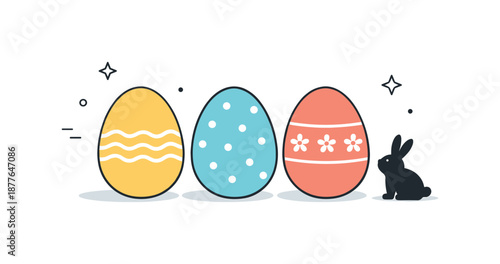 Minimalist Easter Illustration. Minimal Easter eggs illustration. Simple egg shapes with light patterns and a small bunny silhouette nearby, creating a quiet