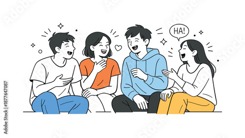 Joyful Friends Gathering. Shared laughter scene. Friends enjoying time together, smiling and reacting to each other. Easygoing happiness and friendly