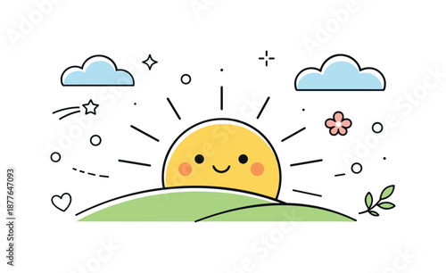 Spring Sunrise Illustration. Sunrise in springtime illustration. Friendly minimal sun with soft rays, light clouds and abstract decorative elements floating