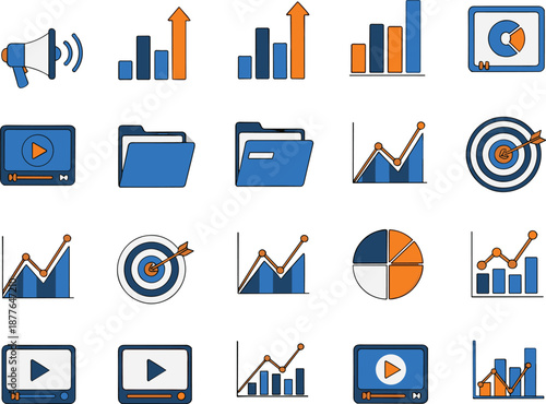 Business Marketing and Analytics Icon Set with Charts, Targets, Media Players and Folders, Modern Data Visualization Collection for Digital Strategy and Growth Concept