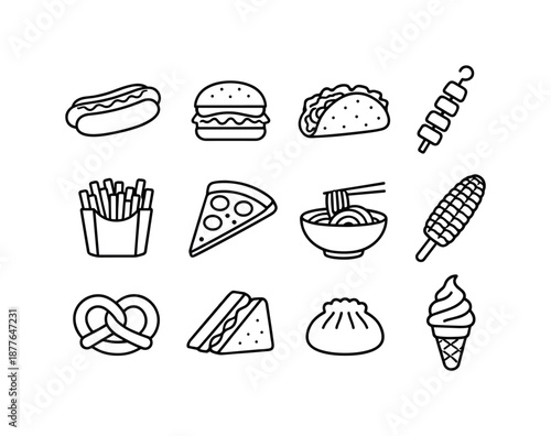 Street Food Icons. Street food. Line icon set of street food: hot dog, burger, taco, kebab skewer, fries cup, pizza slice, noodle bowl, grilled corn, pretzel,