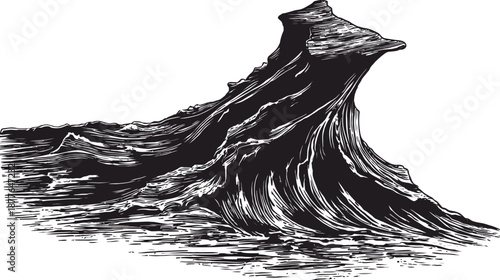 A high-contrast illustration depicting a large wave rising and cresting with intricate, detailed lines
