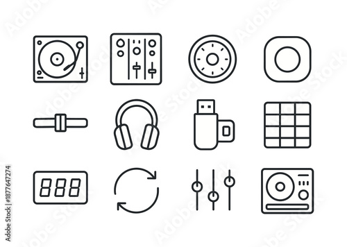 DJ Equipment Icons. DJ equipment. Line icon set of DJ equipment: turntable, mixer deck, jog wheel, cue button, crossfader, headphones, USB drive, beat grid,