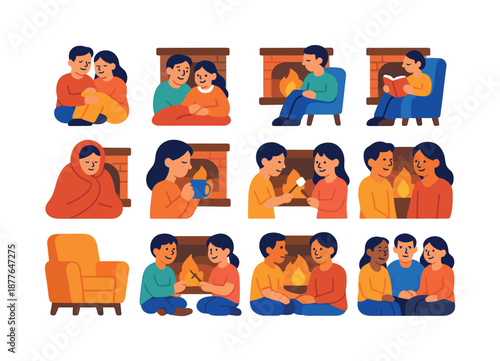 Cozy Fireplace Icons. People by the fireplace. Colorful flat vector icons set of people by the fireplace: couple sitting by fire, warm family moment, reading