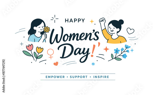 Women's Day Card. Women?s Day editorial card template. Minimal composition with flowers, abstract symbols, and gentle motion lines, expressing support and