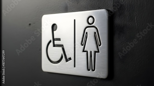 Accessible Female Restroom Signage Featuring A Metal Plaque Mounted On A Dark Surface For Public Facility Wayfinding