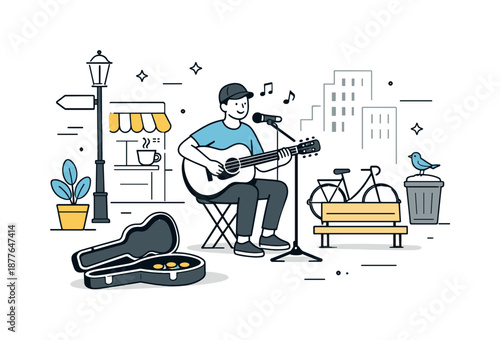 Urban Street Performance. Street music performance urban life. Musician performing near buildings and street elements, everyday city rhythm and relaxed