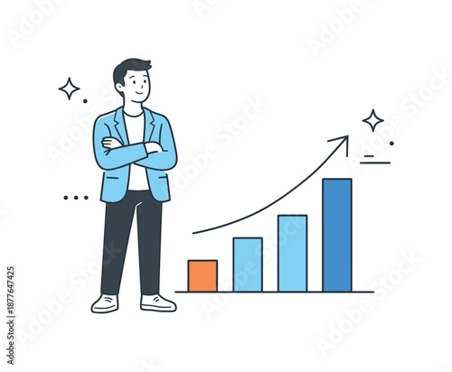 Hopeful Entrepreneurial Growth. Early-stage momentum. An entrepreneur standing beside a small upward chart. Hopeful progress and confidence, clean arrows and