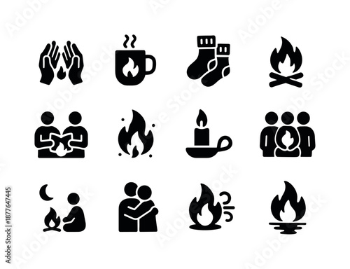 Cozy Fire Icons. Cozy fire moments. Solid icon set of cozy fire moments: hands warming, steaming mug, thick socks, campfire glow, shared story icon, ember