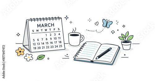 March Desk Scene. March calendar illustration. A desk scene with a minimal calendar, notebook, and small spring elements like flowers or leaves. Everyday