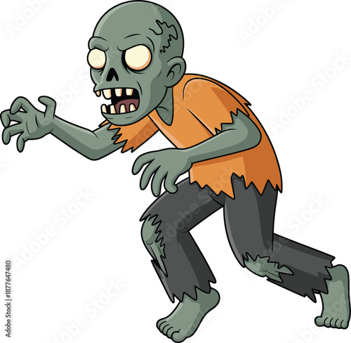 Cartoon Zombie Monster Walking, Scary Undead Character in Halloween Style, Horror Fantasy Illustration for Games, Stickers, Comics and Spooky Graphic Design Projects