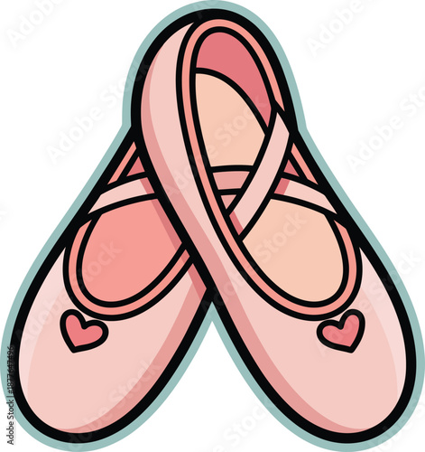 Pink Ballet Slippers Icon – Cartoon Style Dance Shoes with Heart Detail for Artistic, Performance & Sticker Design Use