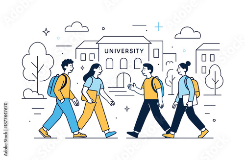 Modern Campus Walk. University life. Students walking across a modern campus, carrying backpacks and laptops. Calm academic atmosphere with friendly