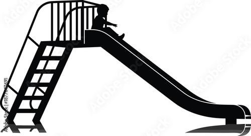 Child silhouette playing on playground slide, kids outdoor activity, childhood fun concept, park play equipment, happy kid, vector illustration, black and white design